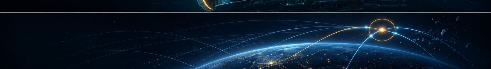 Earth at night threaded with converging satellite orbital paths and a near-miss warning halo