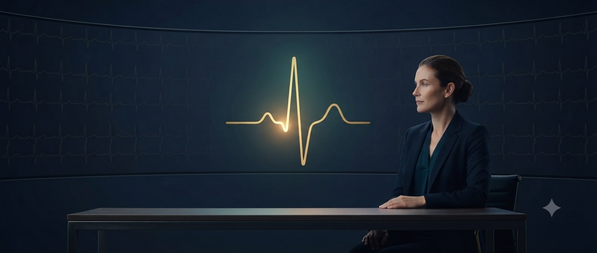 A clinician at a dark command desk with a glowing gold K-wave ECG trace on the wall of cardiac monitors behind her