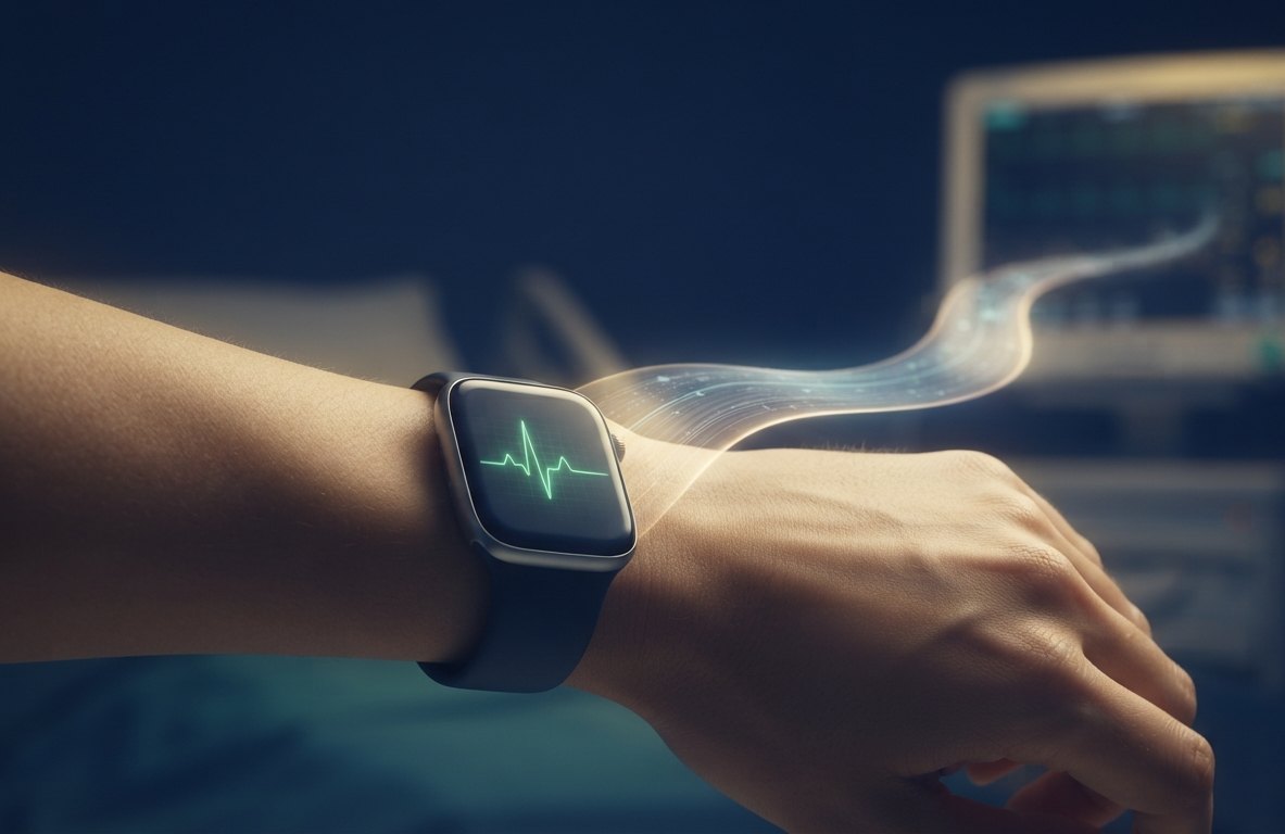 The AEGIS wearable on a wrist at home, glowing softly in low light