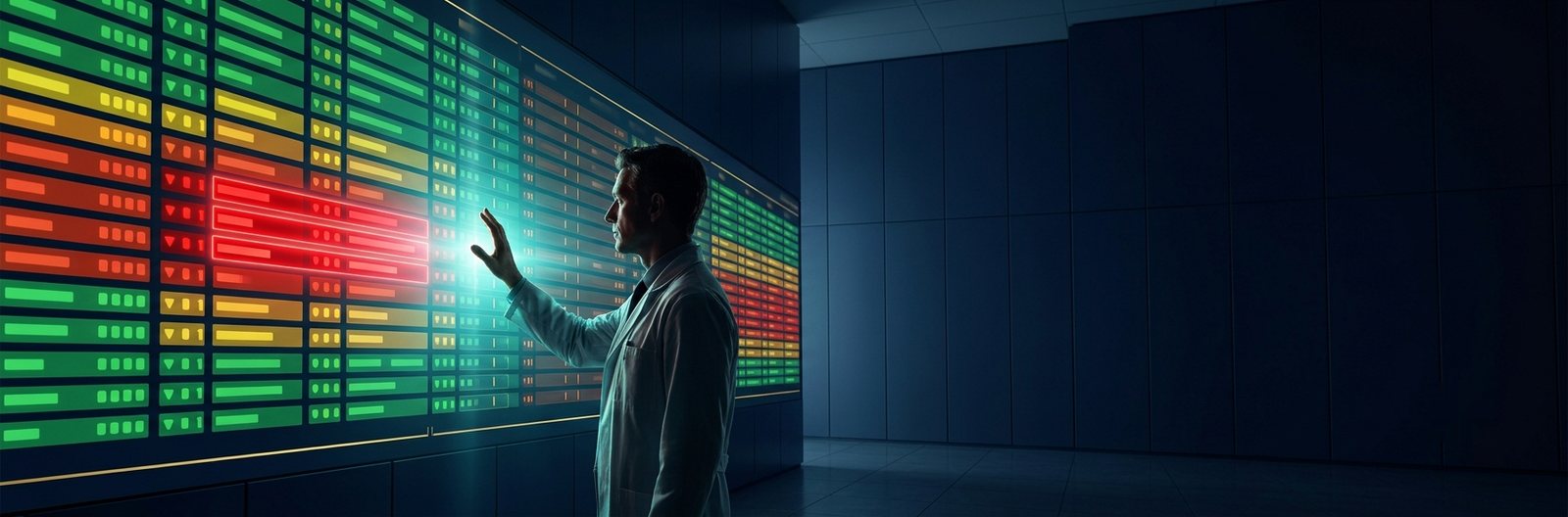 A clinician commanding a four-colour traffic-light triage wall, making the final call