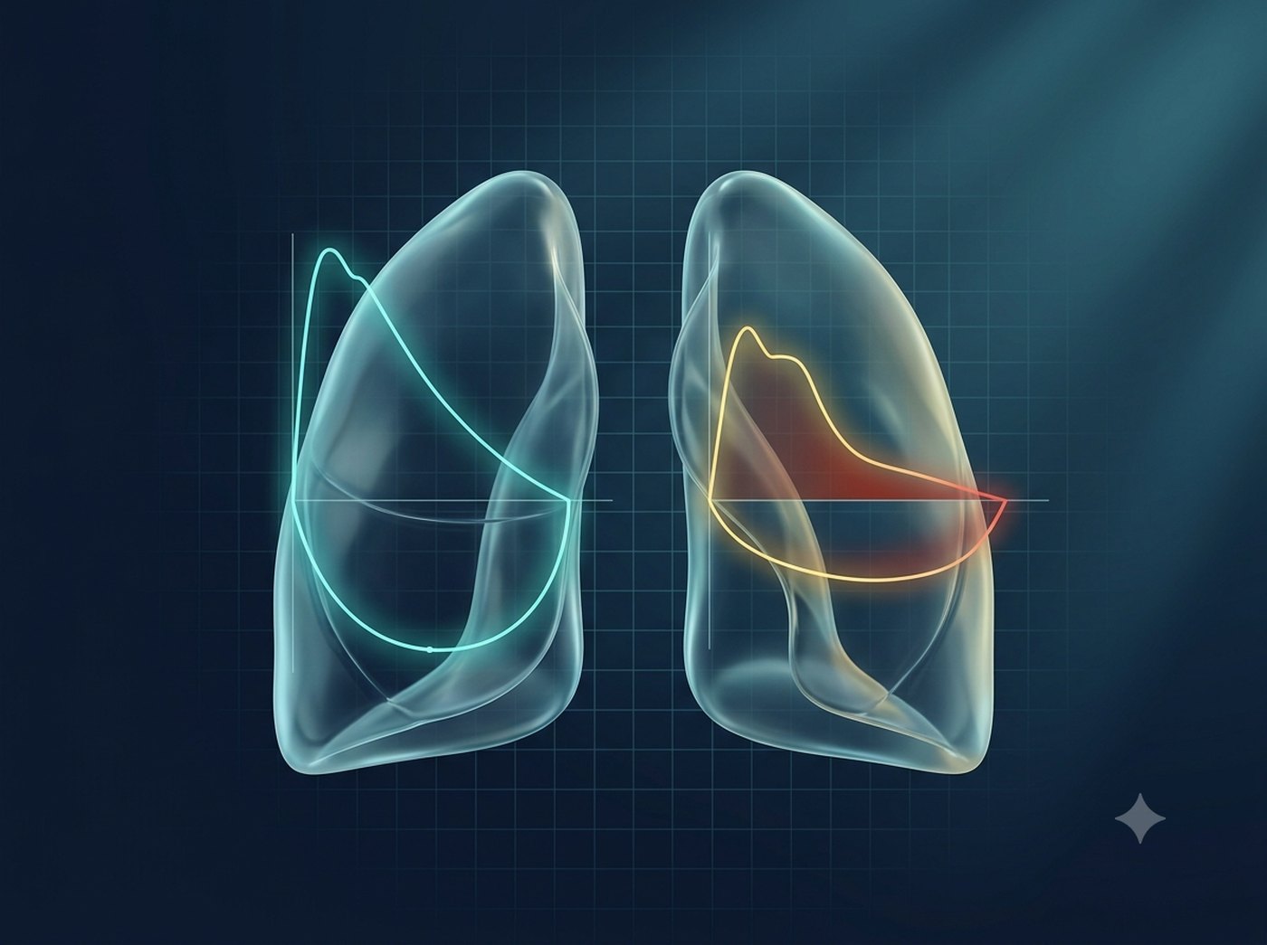 Two translucent lungs with spirometry flow-volume loops — a full normal loop versus a scooped obstructed loop