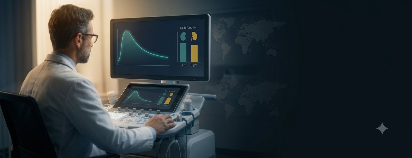 Nephrologist reviewing a renogram clearance curve and split-function chart on a diagnostic console
